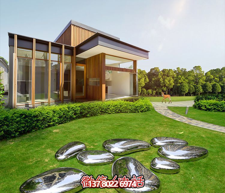 高端室內(nèi)草坪裝飾，不銹鋼雕塑鏡面石頭安放