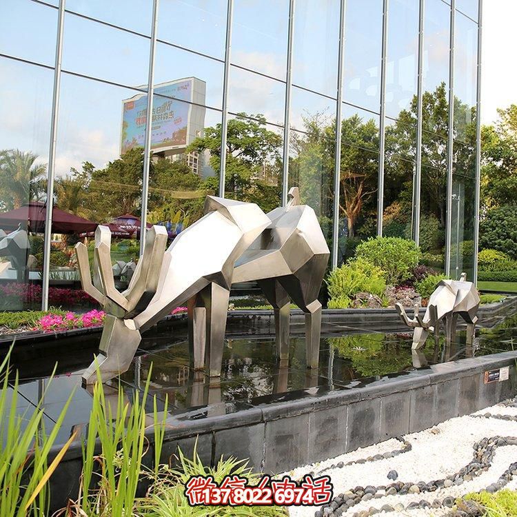 精致雕塑，幾何鏡面不銹鋼鹿，點(diǎn)綴精致水景小品