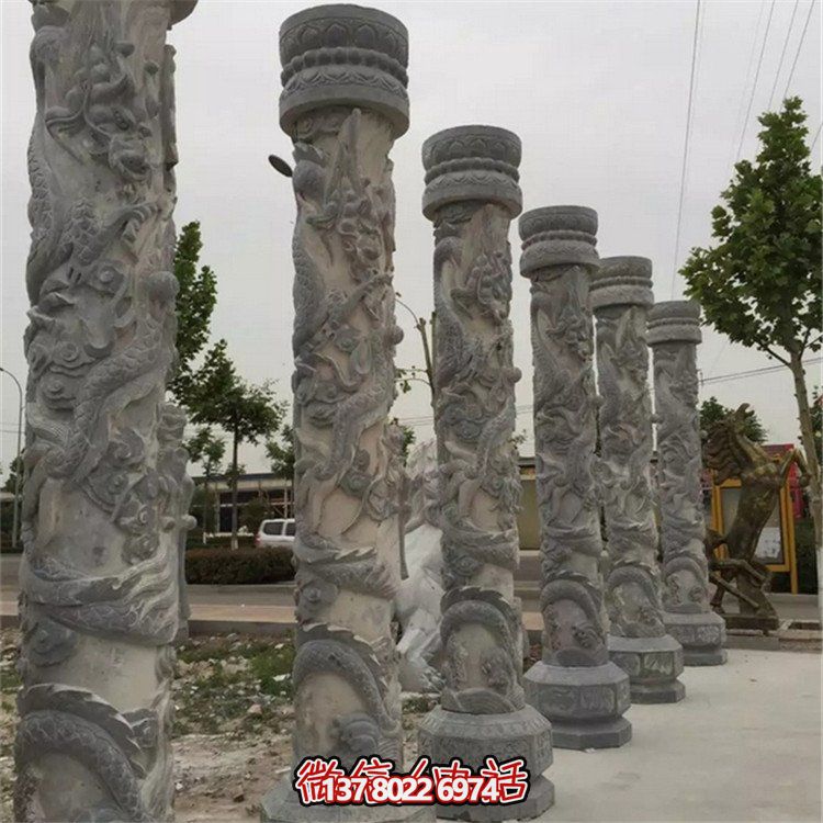 天然大理石浮雕龍盤柱，裝飾園林廣場的精美擺件