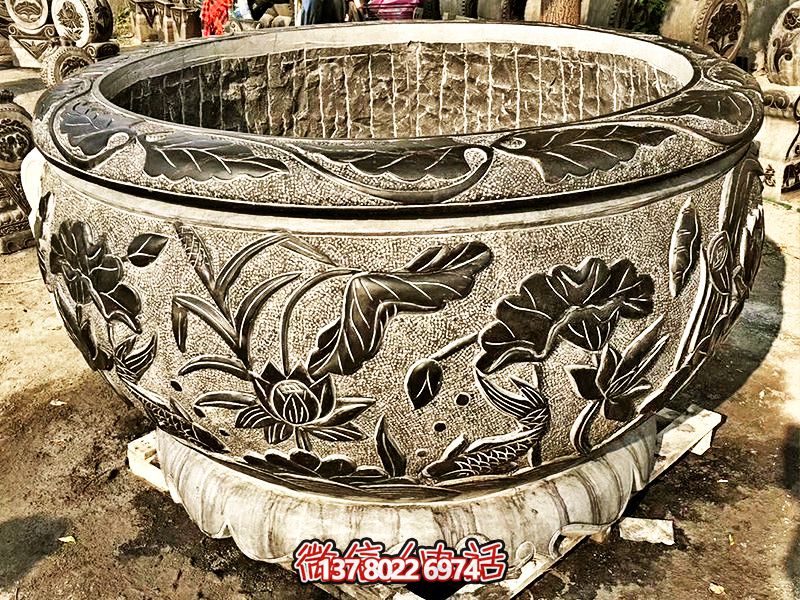 精美大理石浮雕蓮花缸，現(xiàn)代庭院裝飾雕塑