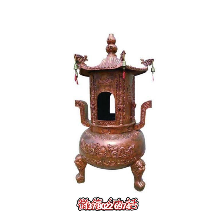 純銅香爐四柱舍利塔，裝飾寺院舍利