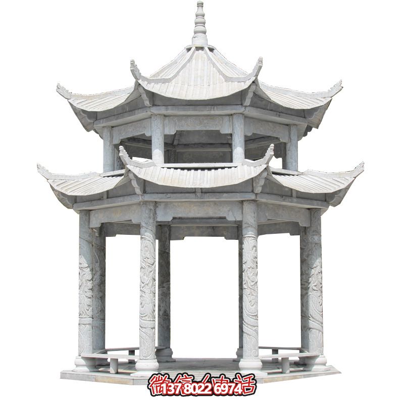 精美大理石雙層柱涼亭，雕塑點(diǎn)綴休息亭