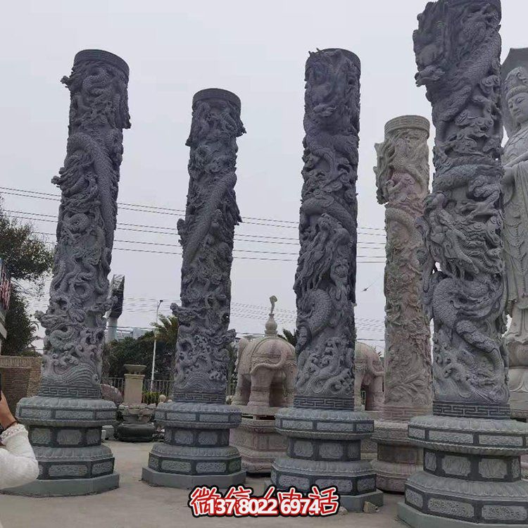 青石浮雕龍柱，精美石雕園林景觀裝飾