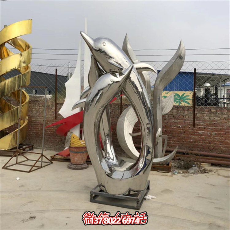 精美不銹鋼海豚雕塑，為您的戶外廣場增添水景鏡面美感