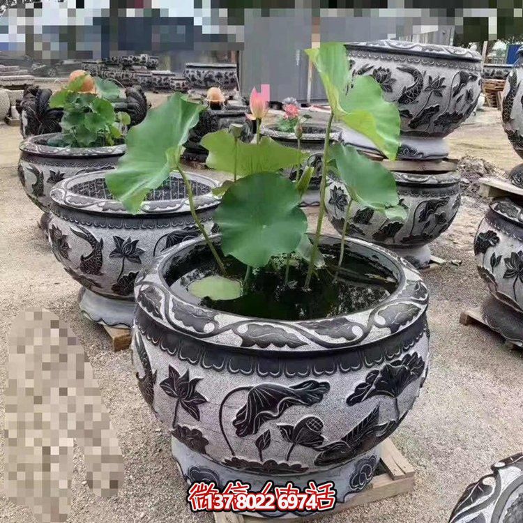 經典荷花石雕浮雕圓形水缸，裝點您的庭院