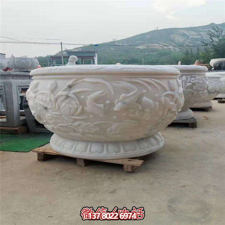 古典經(jīng)典，漢白玉鯉魚雕刻圓形水缸