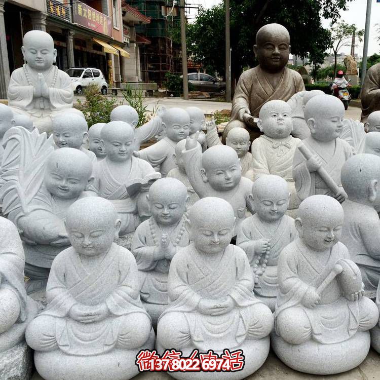 天然砂巖雕刻小沙彌擺件，美麗景致精美寺院家居裝飾