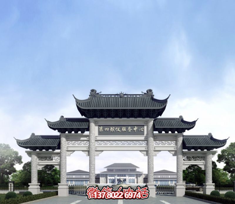 一座新式殯儀館五門景觀、青瓦斗拱、牌樓等高雅裝飾